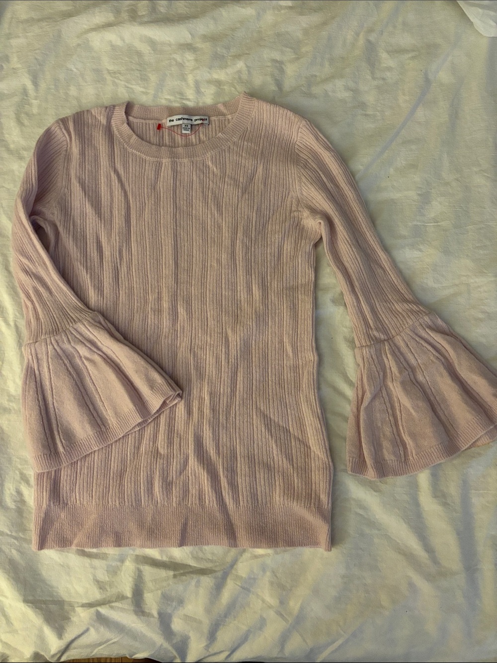 The Cashmere Project Light Pink Ribbed Bell Sleeve Sweater 100% Cashmere